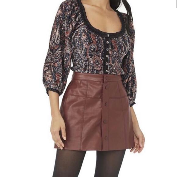 Free People Maisie Vegan Mini Skirt Brown Faux Leather Button Skirt Size 12 - Picture 5 of 11